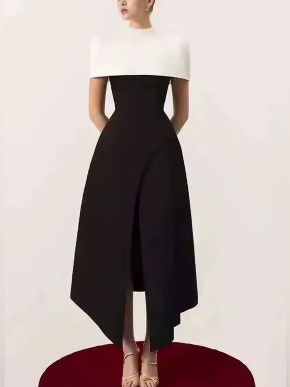 NEW $385 Jackie O Black & White Cape-Shoulder Midi Dress